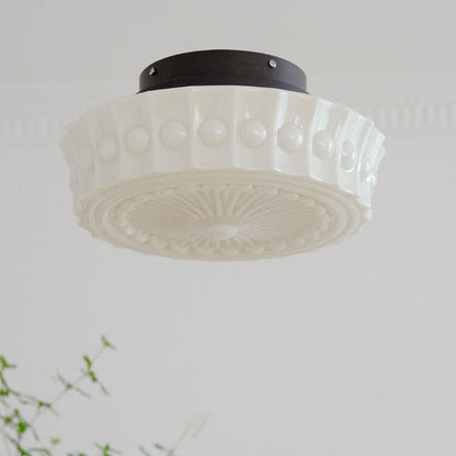 Traditional French Iron Glass Stripes Round Drum LED Semi-Flush Mount Ceiling Light For Living Room & Bedroom