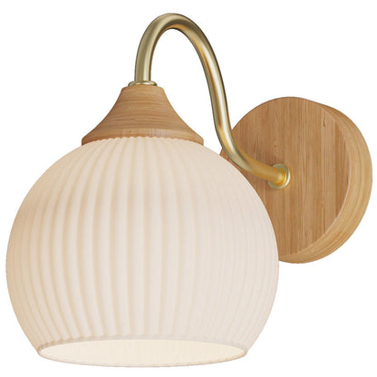 Contemporary Nordic Iron Glass Striped Round Log Wood 1-Light Wall Sconce Lamp For Living Room & Bedroom
