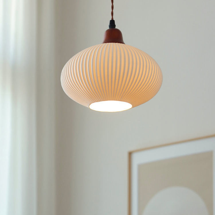 Traditional Japanese Pleated Round Dome Ceramic Solid Wood Iron 1-Light Pendant Light For Living Room & Bedroom