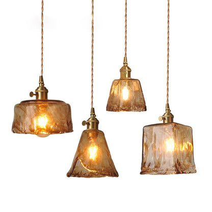 Modern Eclectic Amber Brass Glass Geometric Jar 1-Light Pendant Light For Living Room