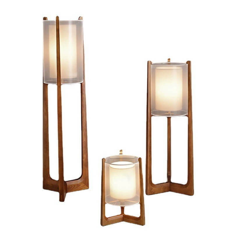 Traditional Japanese Solid Wood Brass Fabric Column 1-Light Standing Floor Lamp For Living Room And Bedroom