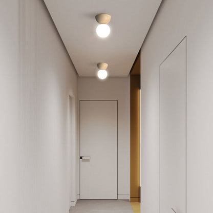 Japanese Minimalist Wood Grain Glass Round 1-Light Flush Mount Ceiling Light