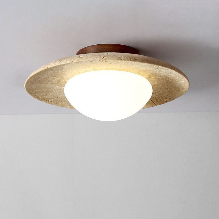 Traditional Vintage Round Travertine 1-Light Flush Mount Ceiling Light For Hallway