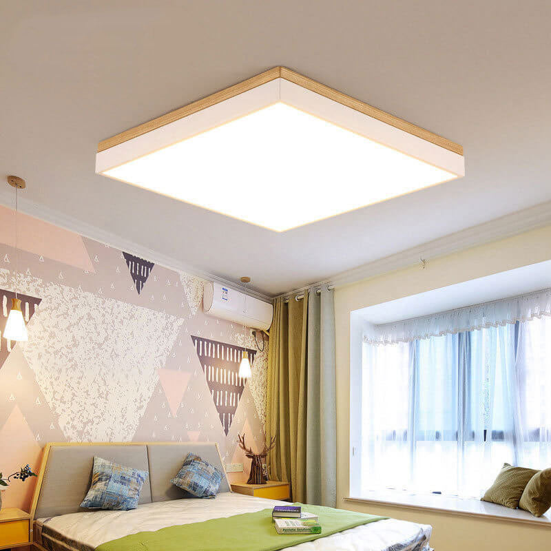 Modern Minimalist Solid Wood Acrylic Square Rectangle LED Flush Mount Ceiling Light for Living Room