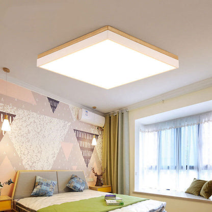 Modern Minimalist Solid Wood Acrylic Square Rectangle LED Flush Mount Ceiling Light for Living Room