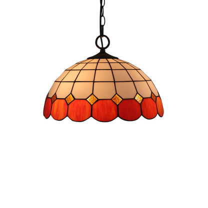 Traditional Tiffany Gemstone Stained Glass Iron Dome 3-Light Pendant Light For Living Room