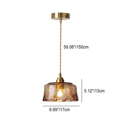 Traditional Vintage Amber Drum Round Glass Brass 1-Light Pendant Light For Living Room