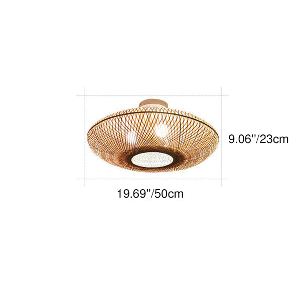 Traditional Japanese Round Bamboo Weaving Flying Saucer 3-Light Semi-Flush Mount Light For Bedroom