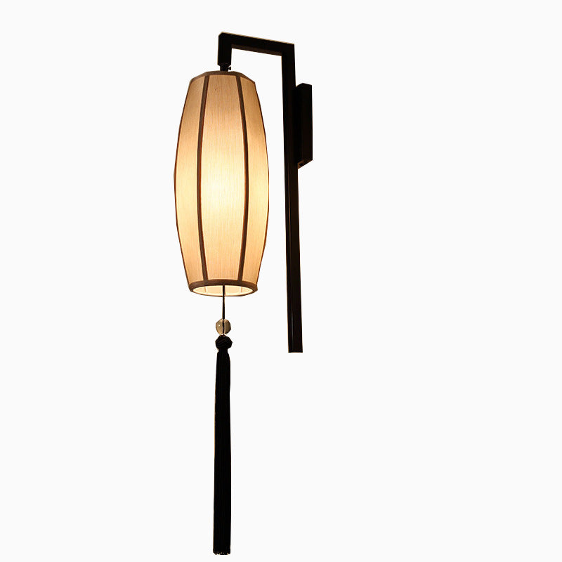 Traditional Chinese Painted Fabric Lantern Tassel 1-Light Wall Sconce Lamp For Hallway