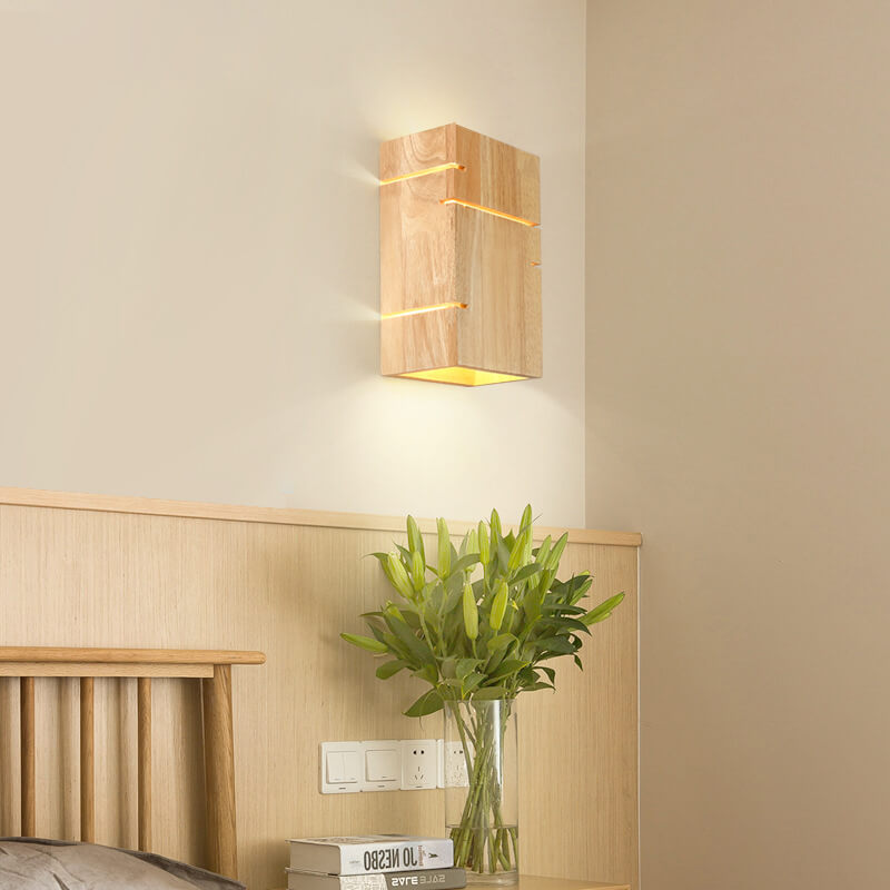 Modern Minimalist Wooden Square 2-Light Wall Sconce Lamp for Bedroom
