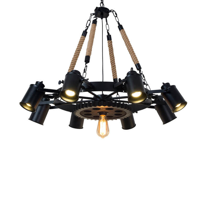 Contemporary Industrial Retro Gear Wrought Ion Hemp Rope 7/9/11-Light Chandelier For Living Room