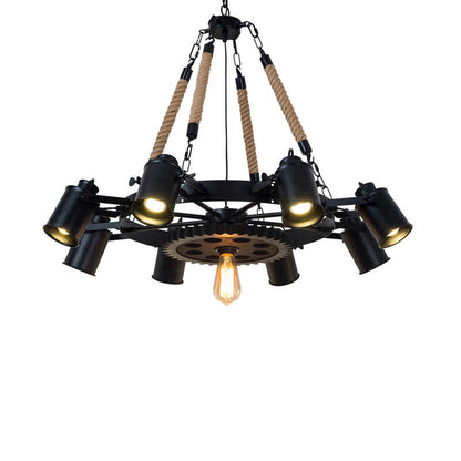 Contemporary Industrial Retro Gear Wrought Ion Hemp Rope 7/9/11-Light Chandelier For Living Room