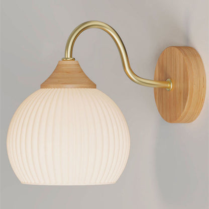 Contemporary Nordic Iron Glass Striped Round Log Wood 1-Light Wall Sconce Lamp For Living Room & Bedroom