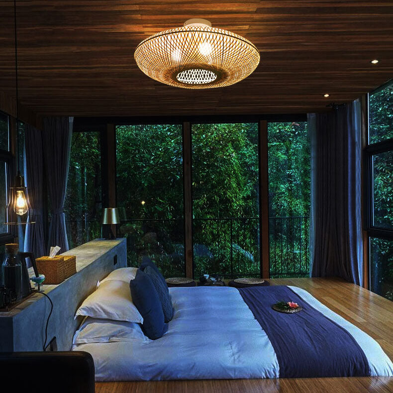 Traditional Japanese Round Bamboo Weaving Flying Saucer 3-Light Semi-Flush Mount Light For Bedroom