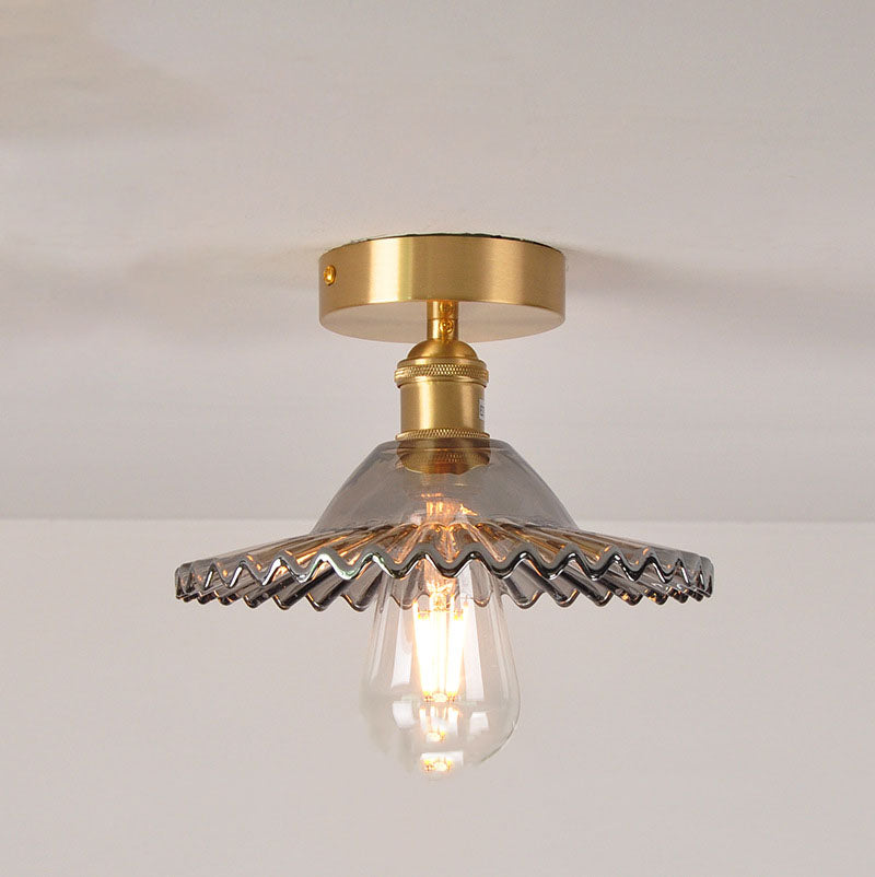 Traditional Vintage Glass Iron Lotus 1-Light Semi-Flush Mount Ceiling Light