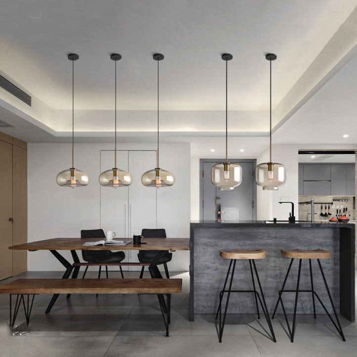 Contemporary Nordic Iron Glass Round Geometric Jar 1-Light Pendant Light For Living Room & Bedroom
