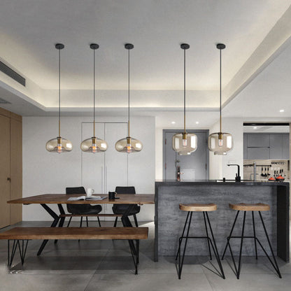 Contemporary Nordic Iron Glass Round Geometric Jar 1-Light Pendant Light For Living Room & Bedroom
