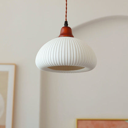Traditional Japanese Pleated Round Dome Ceramic Solid Wood Iron 1-Light Pendant Light For Living Room & Bedroom