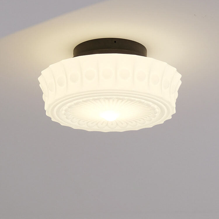 Traditional French Iron Glass Stripes Round Drum LED Semi-Flush Mount Ceiling Light For Living Room & Bedroom