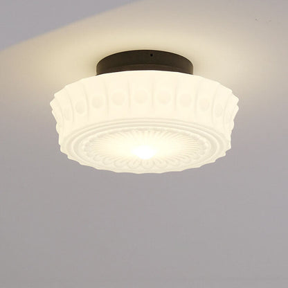 Traditional French Iron Glass Stripes Round Drum LED Semi-Flush Mount Ceiling Light For Living Room & Bedroom