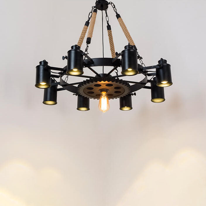 Contemporary Industrial Retro Gear Wrought Ion Hemp Rope 7/9/11-Light Chandelier For Living Room