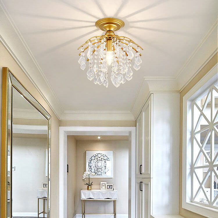 Modern Luxury Round Iron Crystal 1-Light Semi-Flush Mount Ceiling Light For Living Room