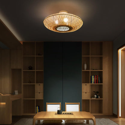 Traditional Japanese Round Bamboo Weaving Flying Saucer 3-Light Semi-Flush Mount Light For Bedroom