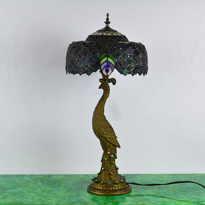 Traditional Tiffany Peacock Gem Dome Glass Resin 1-Light Table Lamp For Living Room & Bedroom