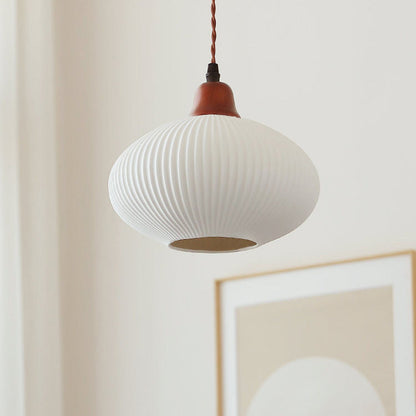Traditional Japanese Pleated Round Dome Ceramic Solid Wood Iron 1-Light Pendant Light For Living Room & Bedroom