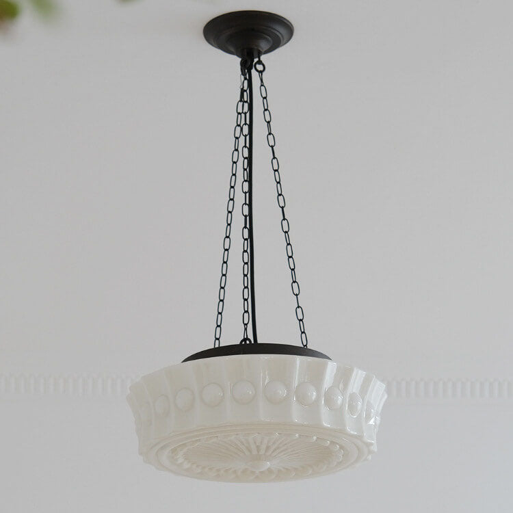 Traditional French Iron Glass Stripes Round Drum LED Semi-Flush Mount Ceiling Light For Living Room & Bedroom