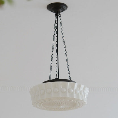 Traditional French Iron Glass Stripes Round Drum LED Semi-Flush Mount Ceiling Light For Living Room & Bedroom