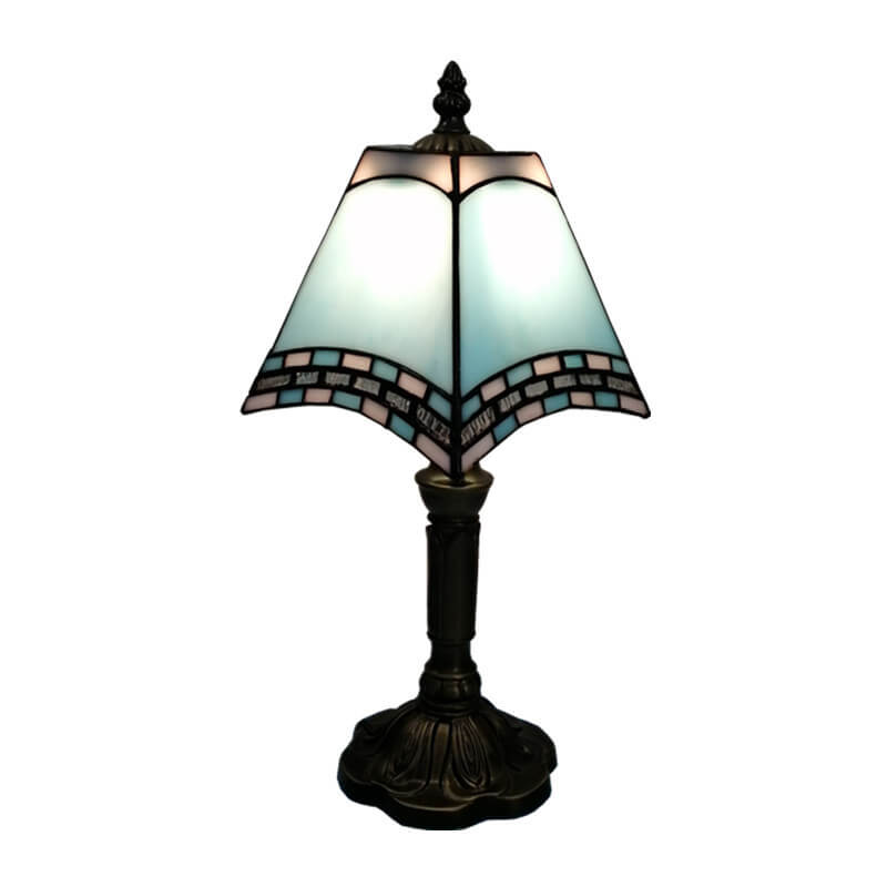 Traditional Tiffany Square Stained Glass Iron 1-Light Table Lamp For Bedroom