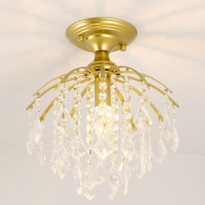 Modern Luxury Round Iron Crystal 1-Light Semi-Flush Mount Ceiling Light For Living Room
