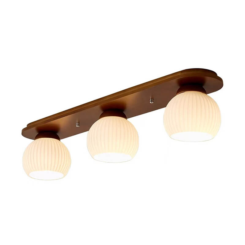 Traditional Japanese Striped Glass Wood Long Plate 2/3 Light Flush Mount Ceiling Light