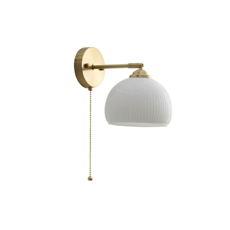Contemporary Nordic Striped White Glass Brass 1-Light Pull Cord Wall Sconce Lamp For Bedroom
