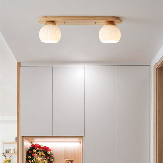 Traditional Japanese Striped Glass Wood Long Plate 2/3 Light Flush Mount Ceiling Light