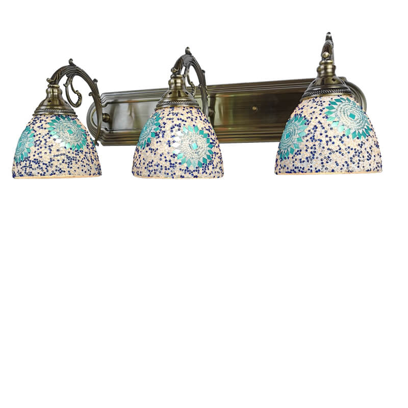 Tiffany Mediterranean Horn Stained Glass 3-Light Bathroom Vanity Mirror Front Wall Sconce Lamp