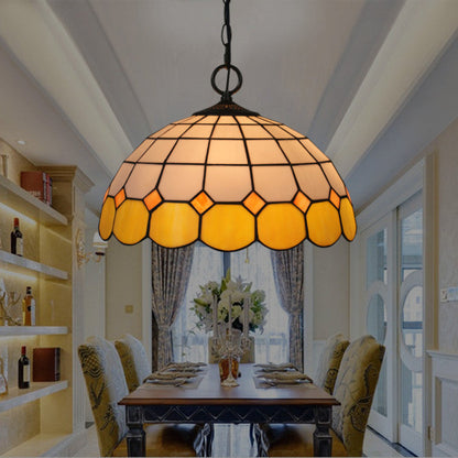 Traditional Tiffany Gemstone Stained Glass Iron Dome 3-Light Pendant Light For Living Room