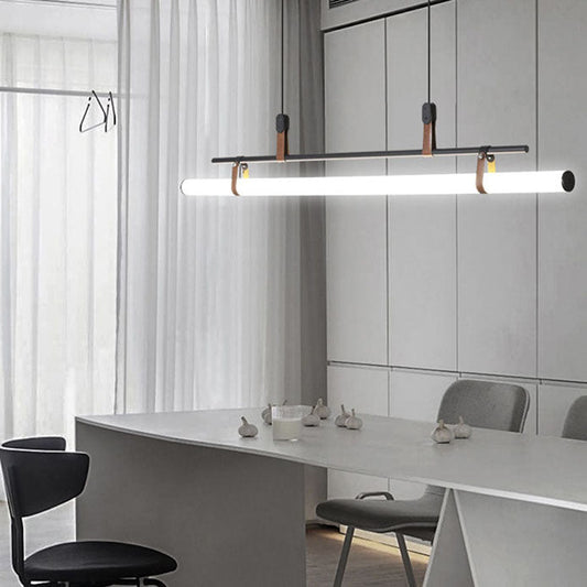 Modern Minimalist Long Strip Iron Acrylic Faux Leather LED Island Light Chandelier For Living Room & Dining Room