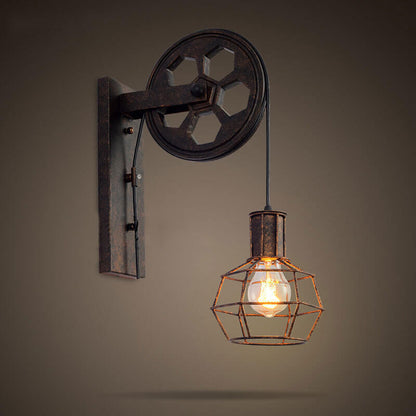 Traditional Vintage Pulley Iron Wood 1-Light Wall Sconce Lamp