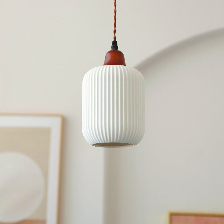 Traditional Japanese Pleated Round Dome Ceramic Solid Wood Iron 1-Light Pendant Light For Living Room & Bedroom