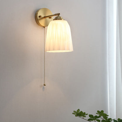 Contemporary Nordic Striped White Glass Brass 1-Light Pull Cord Wall Sconce Lamp For Bedroom