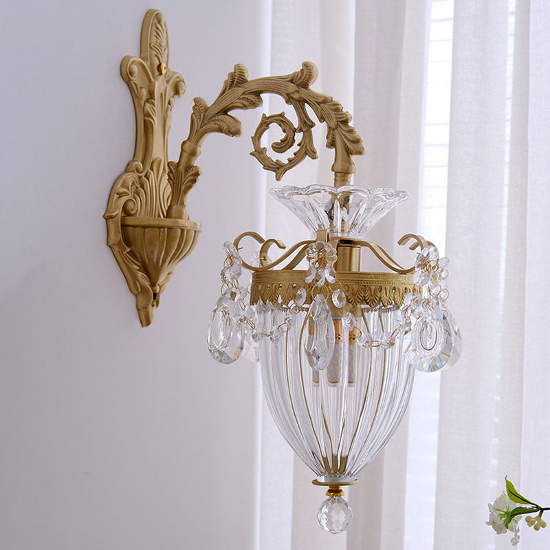 Traditional French Court Lantern Brass Crystal 1/2 Light Wall Sconce Lamp For Living Room