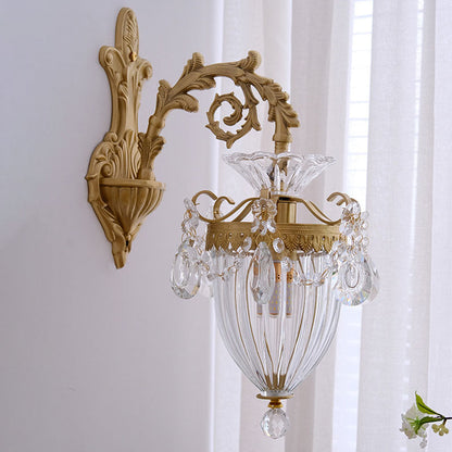Traditional French Court Lantern Brass Crystal 1/2 Light Wall Sconce Lamp For Living Room