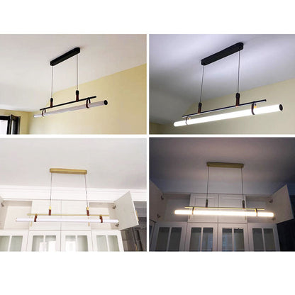 Modern Minimalist Long Strip Iron Acrylic Faux Leather LED Island Light Chandelier For Living Room & Dining Room