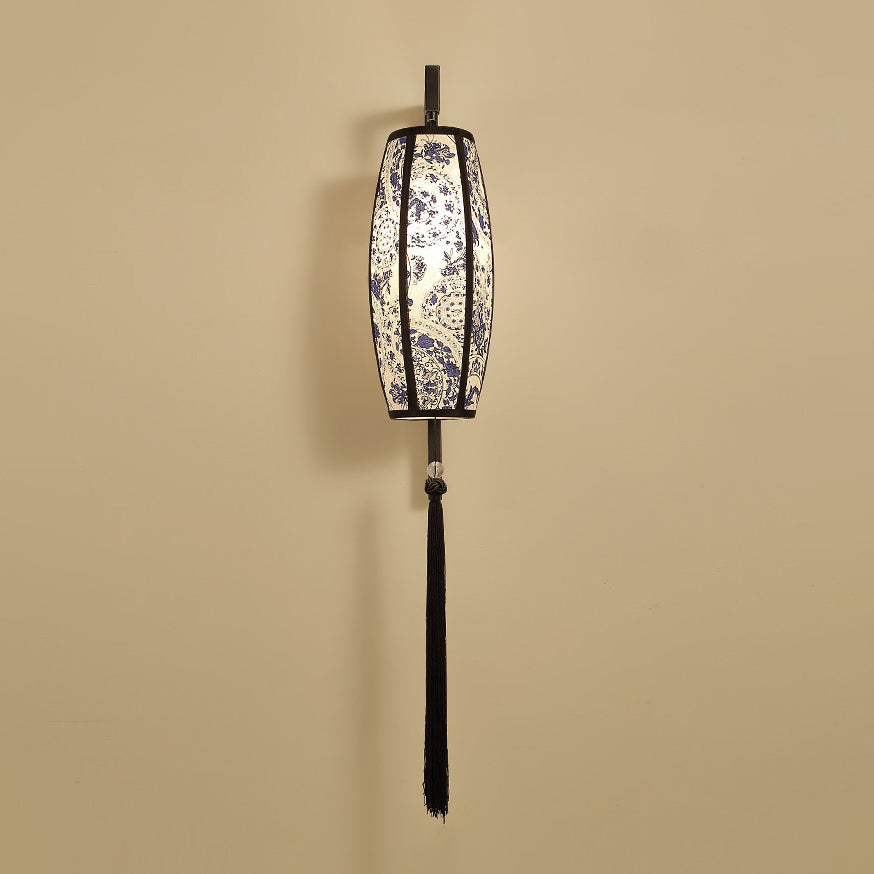 Traditional Chinese Painted Fabric Lantern Tassel 1-Light Wall Sconce Lamp For Hallway