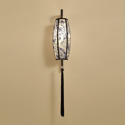 Traditional Chinese Painted Fabric Lantern Tassel 1-Light Wall Sconce Lamp For Hallway