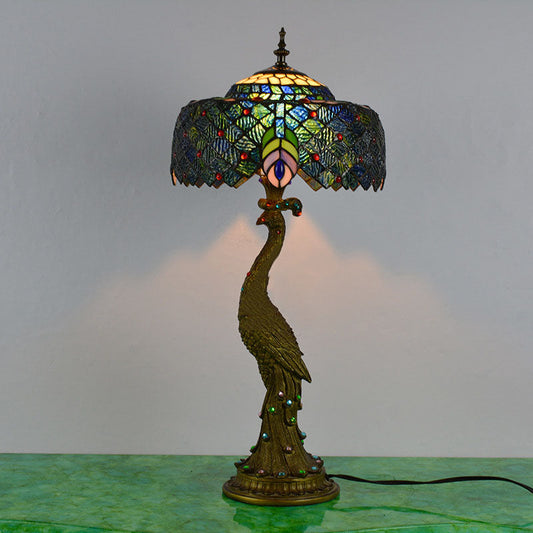 Traditional Tiffany Peacock Gem Dome Glass Resin 1-Light Table Lamp For Living Room & Bedroom