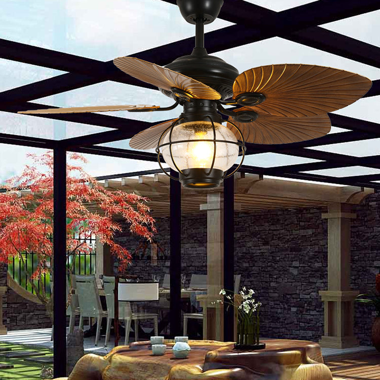 Traditional Rustic Lantern Banana Shaped Fan Leaf Iron Glass 1-Light Downrods Ceiling Fan Light For Living Room