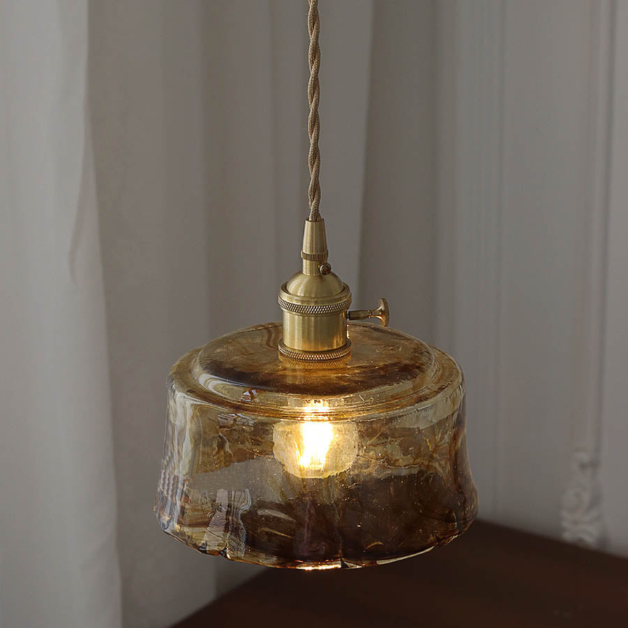 Modern Eclectic Amber Brass Glass Geometric Jar 1-Light Pendant Light For Living Room